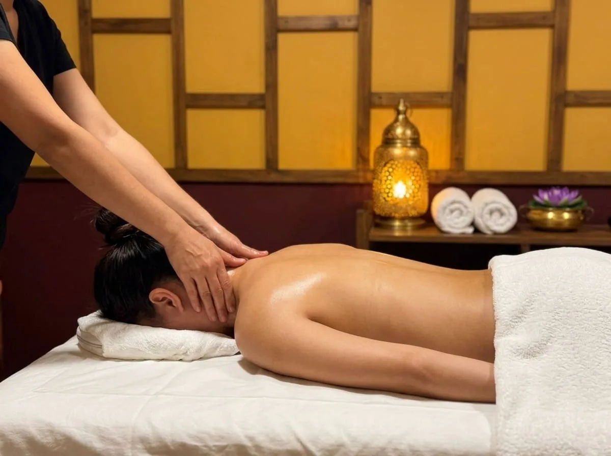 Rücken-Nacken-Massage bei BANN Thaimassage in Basel Rücken-Nacken-Massage in Basel: Masseurin massiert mit beiden Händen Nacken und Schultern