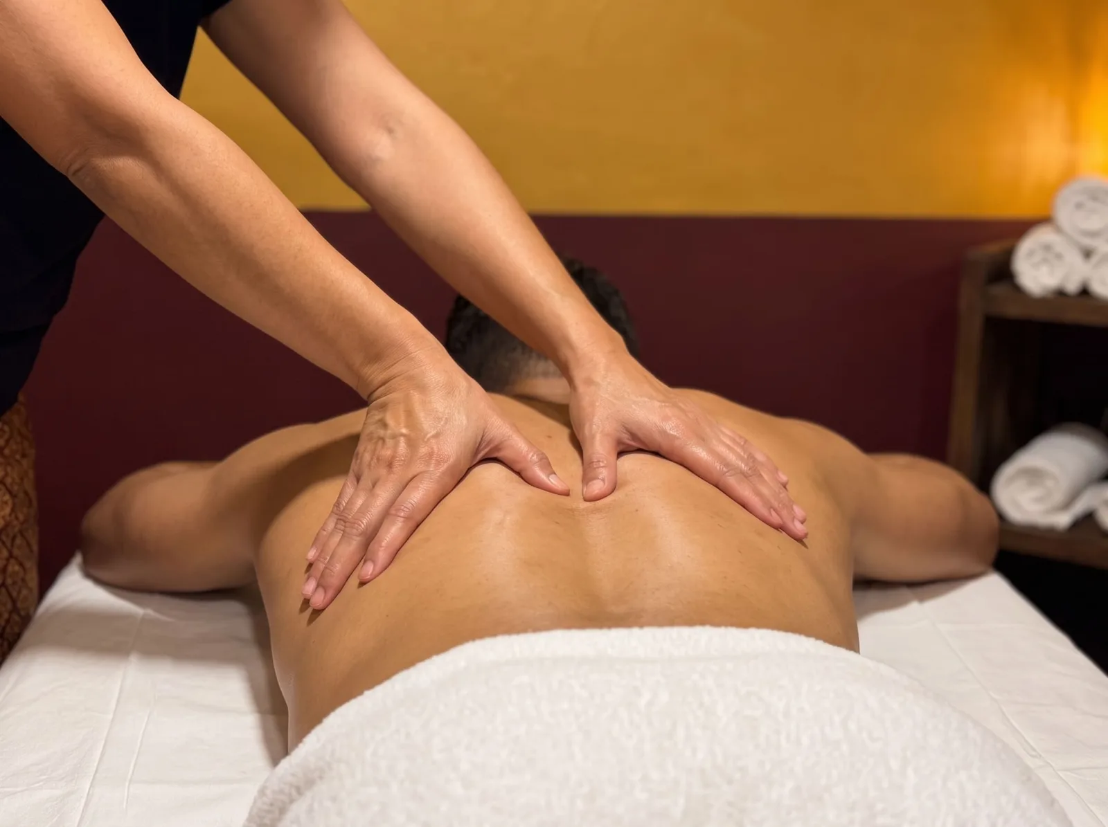 Sports massage at BANN Thaimassage in Basel Sports massage in Basel: a therapist working with firm pressure on back and shoulders