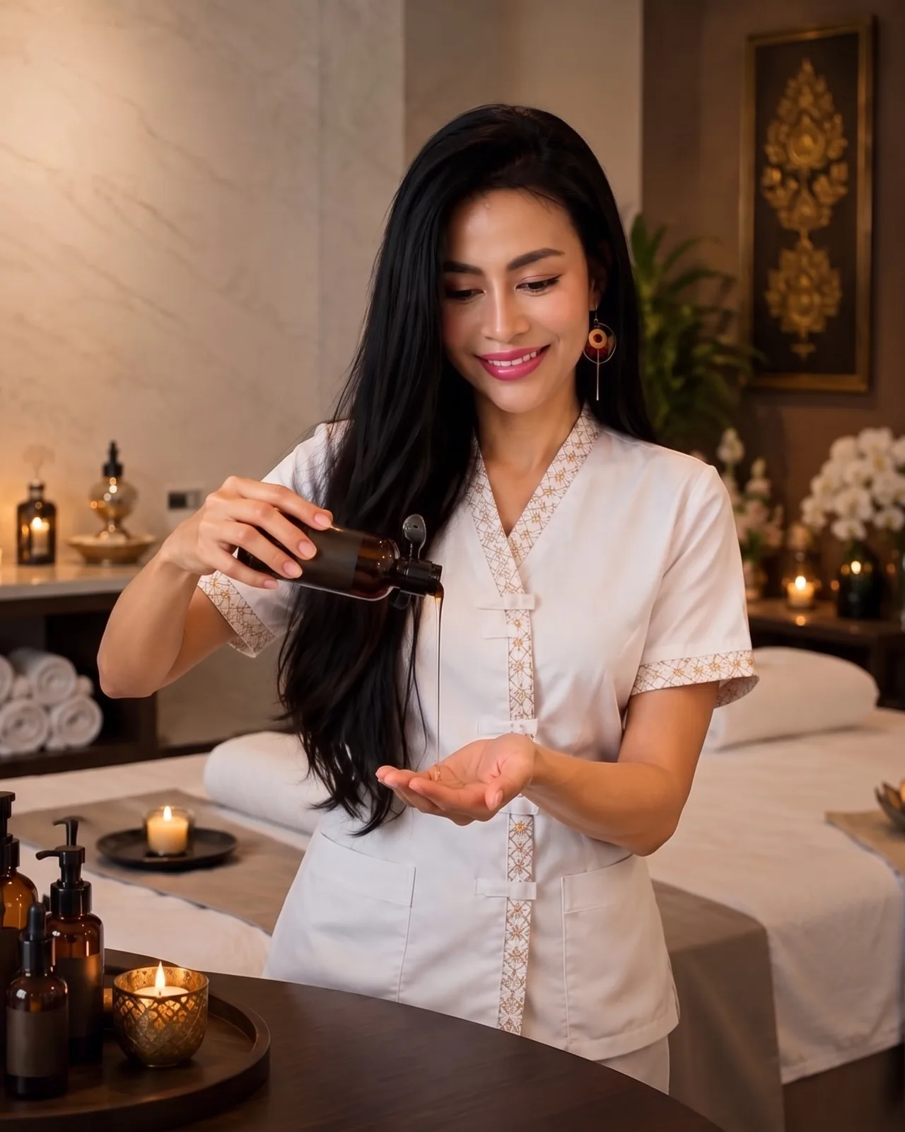 Chanpen Chit-Aree von BANN Thaimassage in Basel Chanpen Chit-Aree gibt warmes Massageöl in die Hand