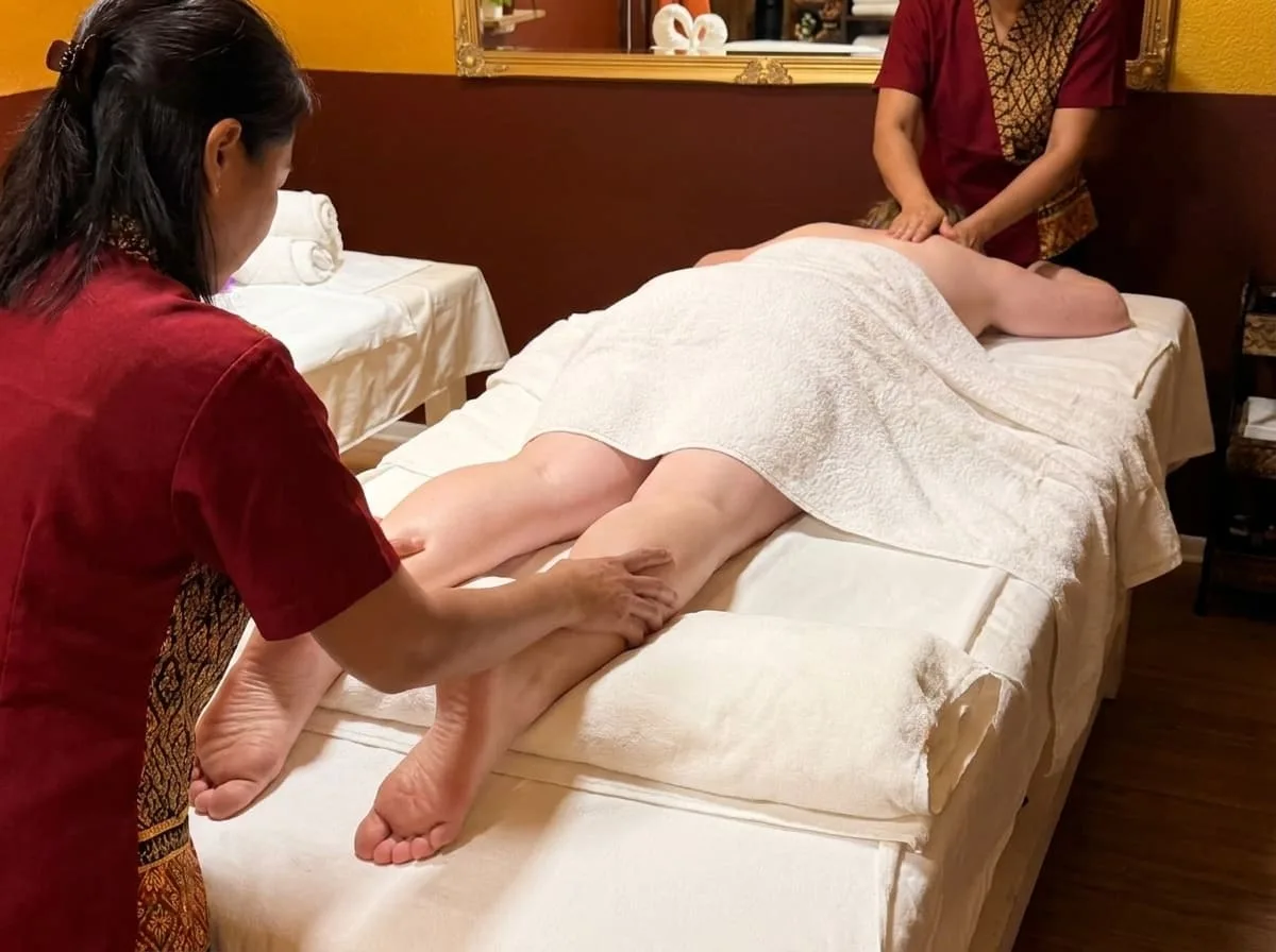 Massage zu zweit bei BANN Thaimassage in Basel Zwei Masseurinnen behandeln zwei Gäste nebeneinander im Paarraum